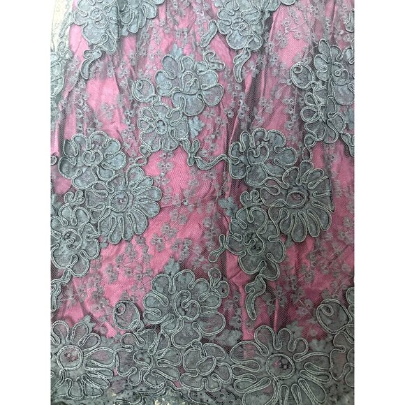 Vintage 50' s 60's Black Lace Overlay Burgundy Whimsygoth Crepey Delicate Floral - Picture 3 of 16